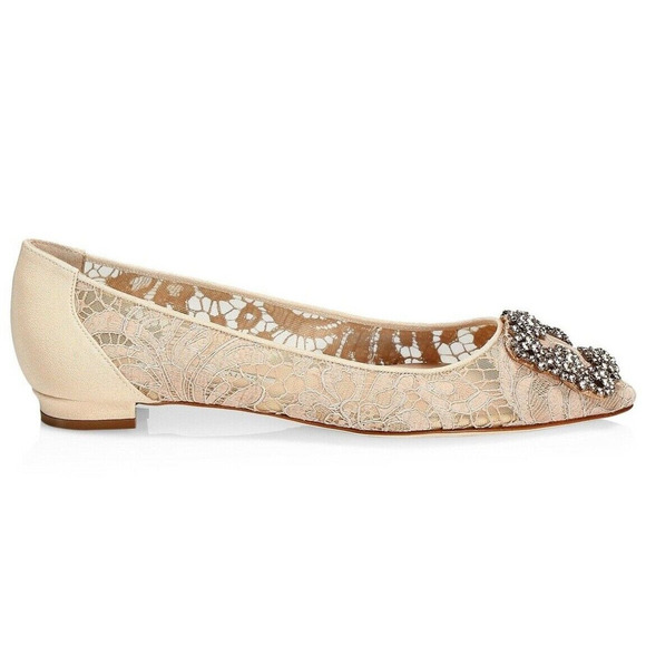 Manolo Blahnik Hangisi Flat Nude Lace Crystal Jewel Buckle Ballerina Ballet 35 - Picture 1 of 12